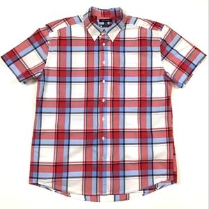TOMMY HILFIGER MEN'S BUTTON DOWN SHORT SLEEVE COTTON SHIRT (RED/BLUE stripes)